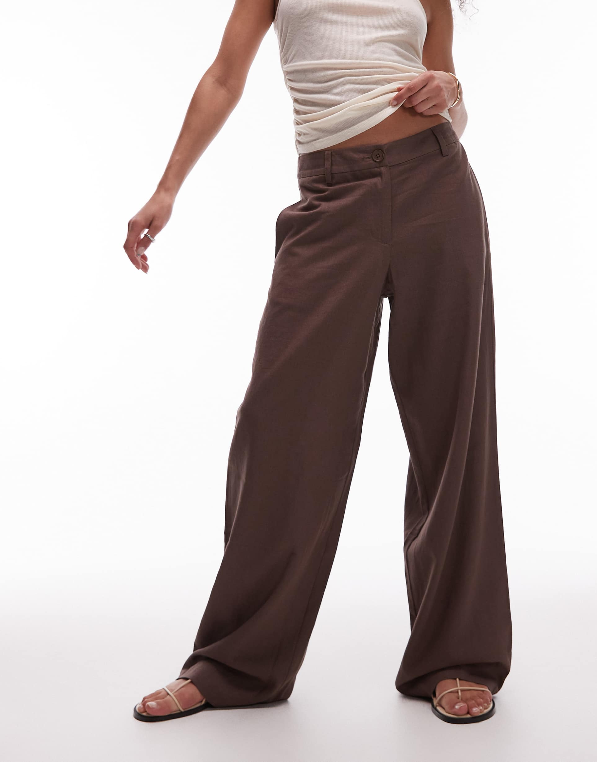 topshop linen low slung pants in chocolate