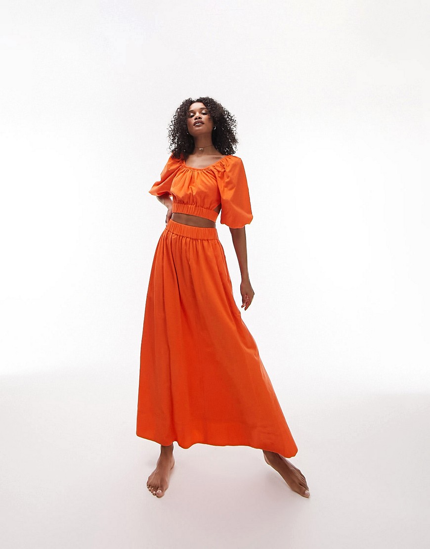 Topshop Linen Midi Skirt In Orange - Part Of A Set
