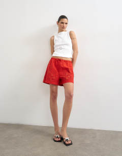 Linen mini short with drawcord in red