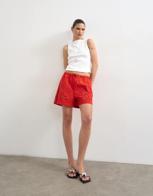 Topshop linen mini short with drawcord in red