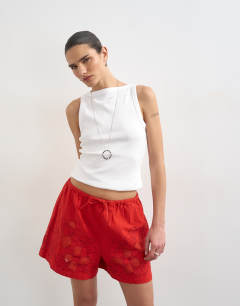 Model wearing Linen mini short with drawcord in red