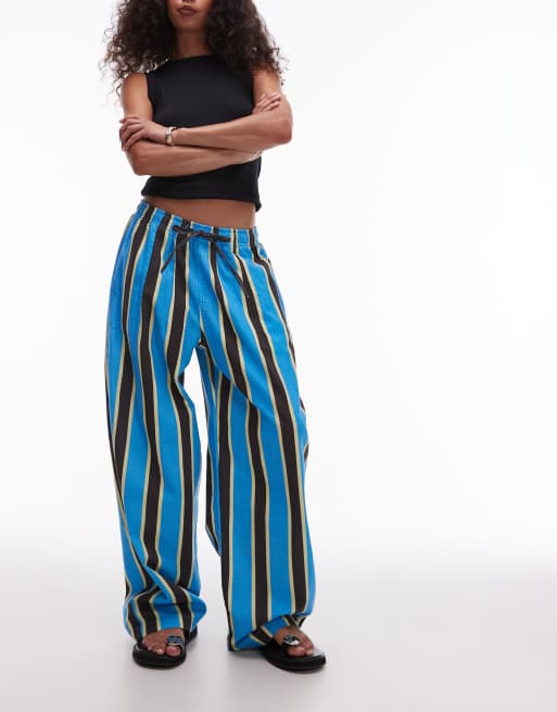 Topshop linen-mix balloon pants in cobalt stripe, 3 of 5