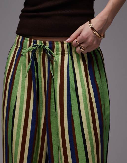 Topshop linen mix balloon pants in green variegated stripe, 4 of 5