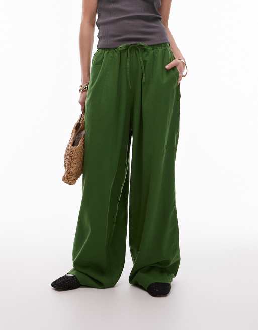 Topshop linen mix balloon pants in olive green, 2 of 5