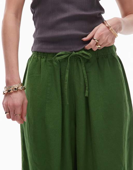 Topshop linen mix balloon pants in olive green, 3 of 5