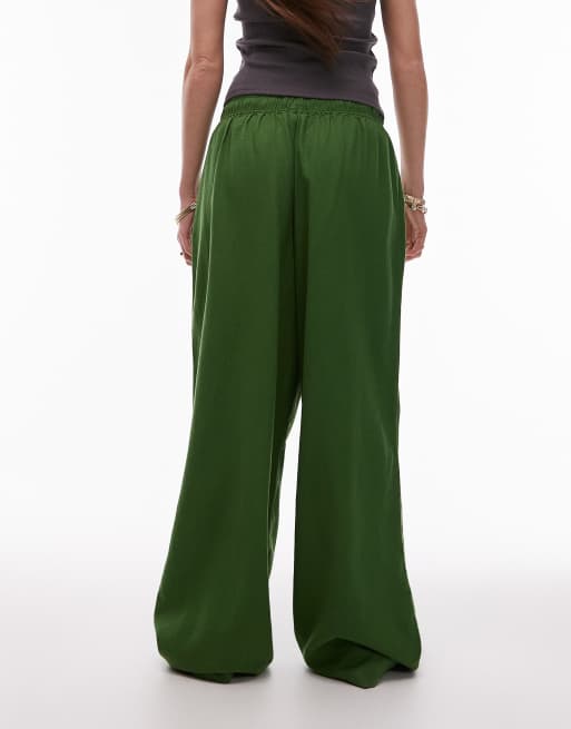 Topshop linen mix balloon pants in olive green, 4 of 5