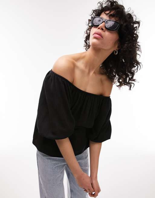 Topshop linen mix bardot top in black ASOS