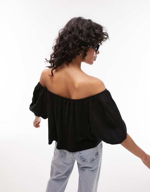 Topshop linen mix bardot top in black ASOS