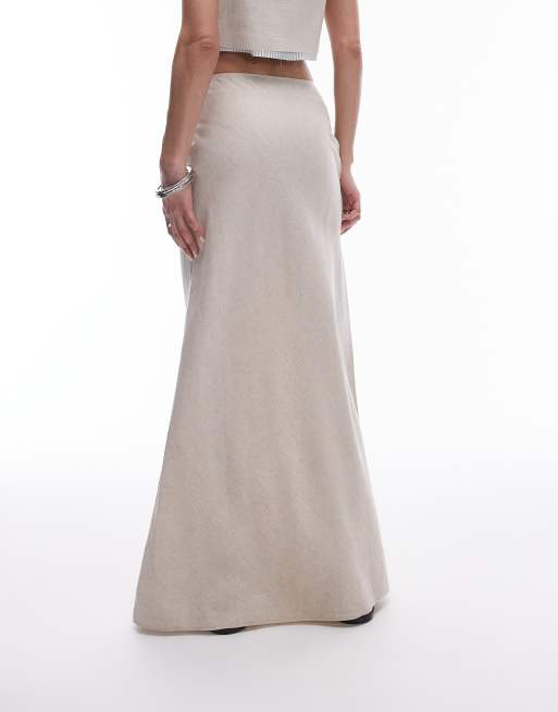 Topshop linen mix bias midi skirt in natural