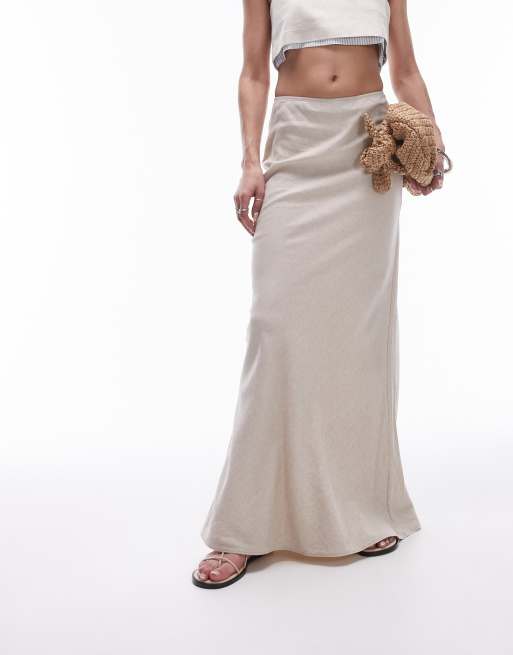 Topshop linen mix bias midi skirt in natural