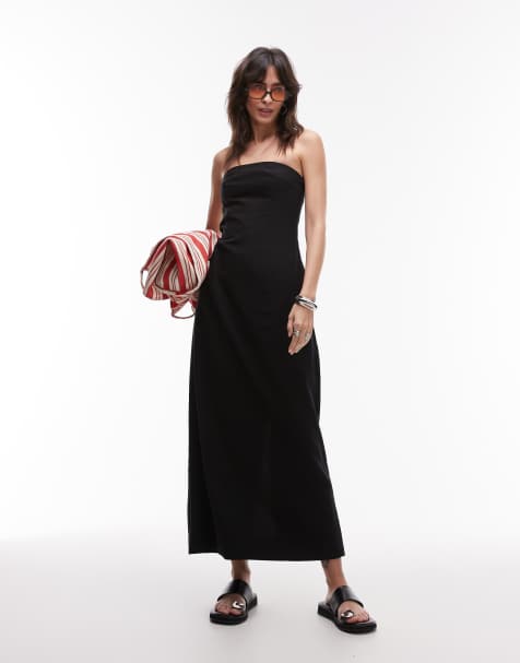 Topshop linen mix heavy seamed bandeau midi dress in black - view 1