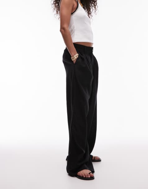 Topshop linen mix high waist double pleat pants in black - view 2