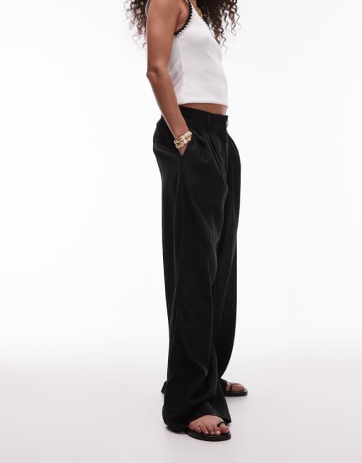 Topshop linen mix high waist double pleat pants in black