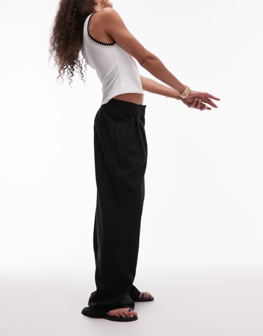 Topshop linen mix high waist double pleat pants in black