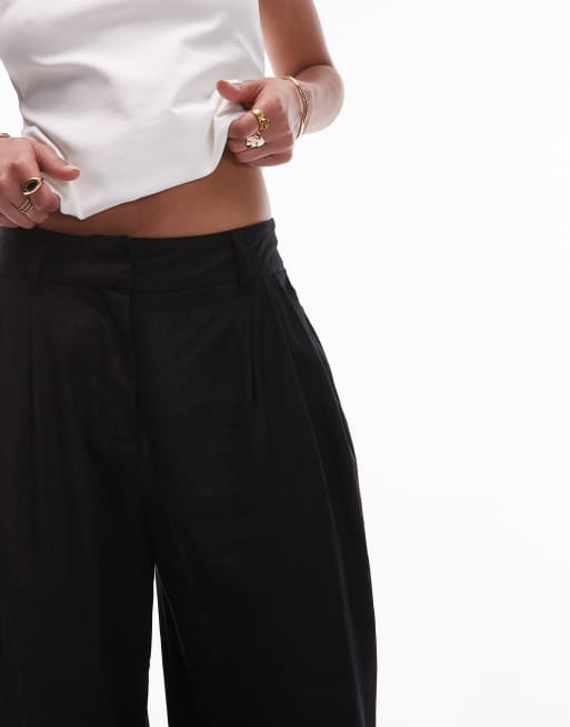 Topshop linen mix high waist double pleat pants in black