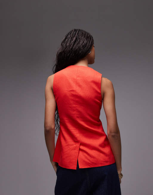 Topshop linen mix longline fitted vest with pockets in red , 2 of 4