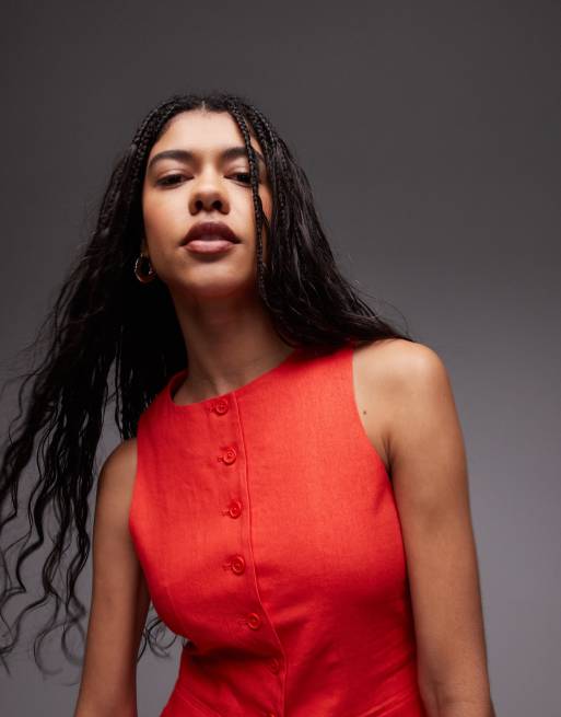 Topshop linen mix longline fitted vest with pockets in red , 3 of 4