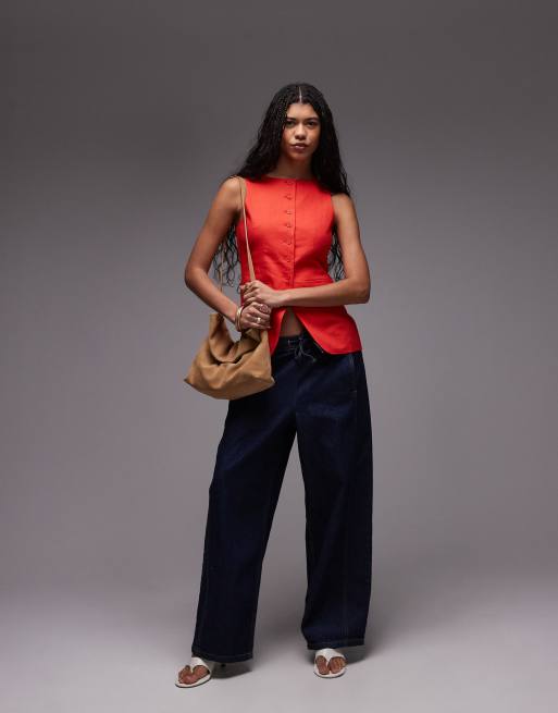 Topshop linen mix longline fitted vest with pockets in red , 4 of 4