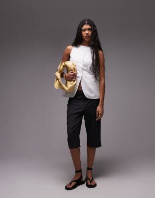 Topshop Linen Mix Longline Fitted Vest With Pockets In White