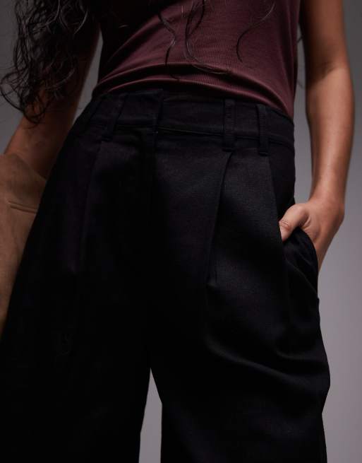 Topshop linen mix longline shorts in black