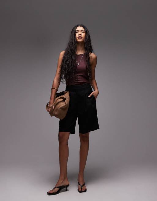 Topshop linen mix longline shorts in black
