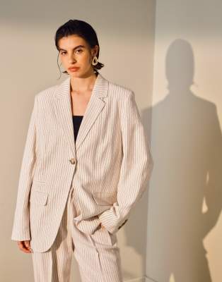 Topshop Linen Mix Pinstripe High Break Long Line Blazer In White