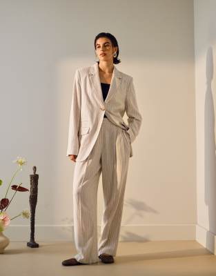 Topshop Linen Mix Pinstripe High Break Long Line Blazer In White