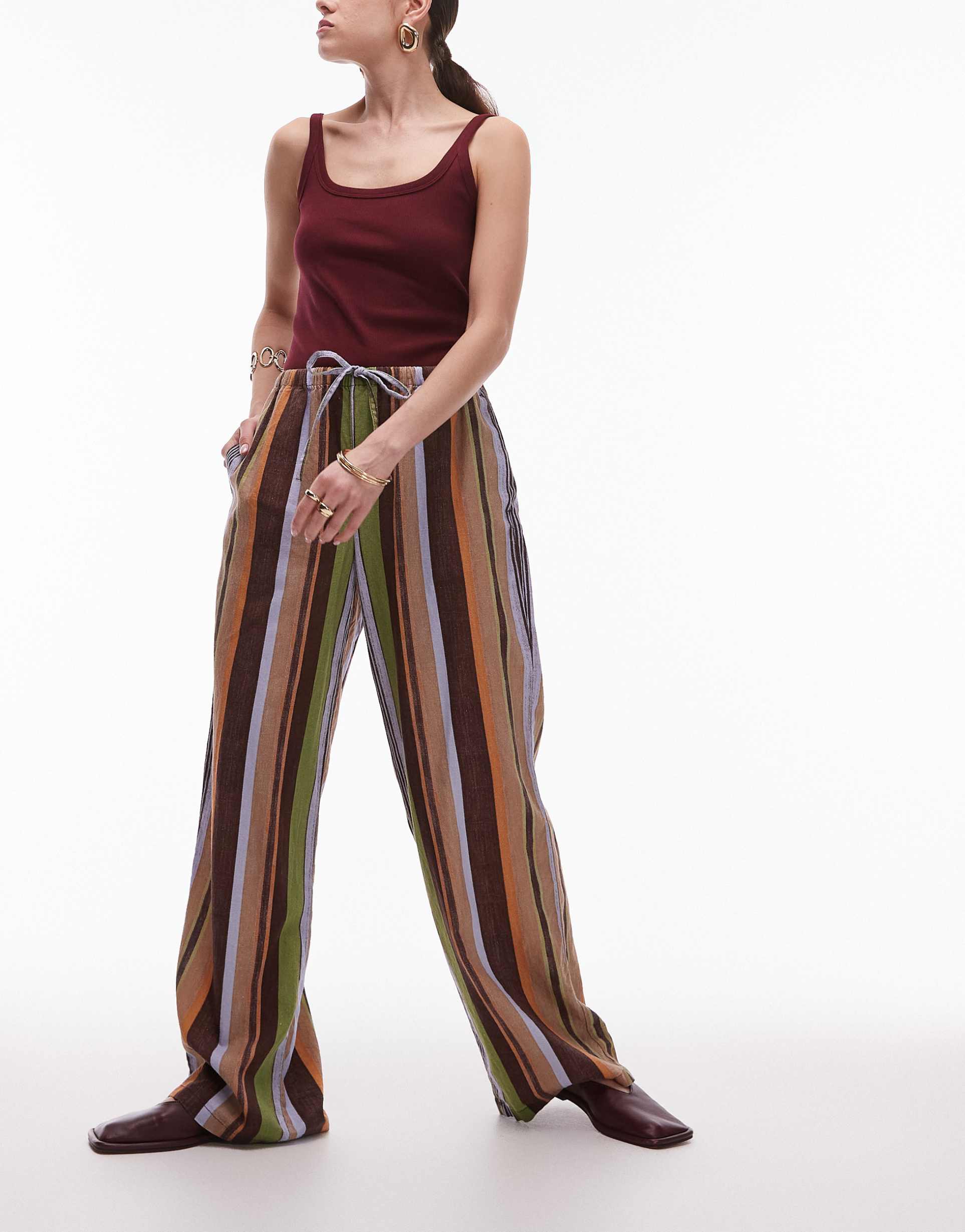 topshop linen mix straight leg pants in brown stripe
