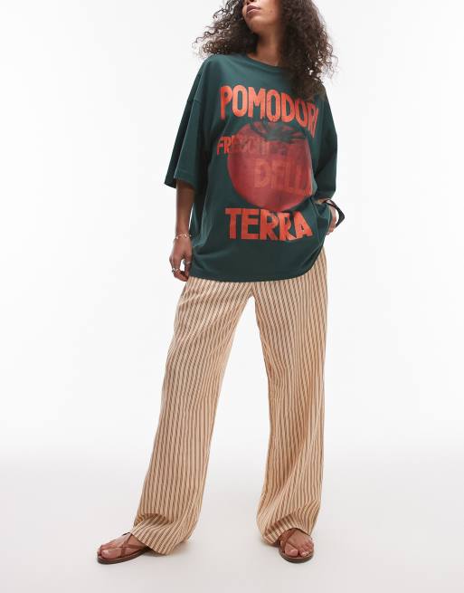 Topshop linen mix straight leg pants in neutral stripe