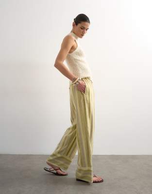 Topshop Women's Green Linen Multi Stripe Straight Trouser In
