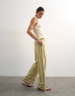 Linen multi stripe straight trouser in green