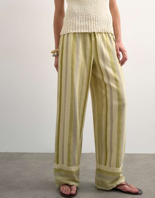 Topshop linen multi stripe straight trouser in green, 5 of 5