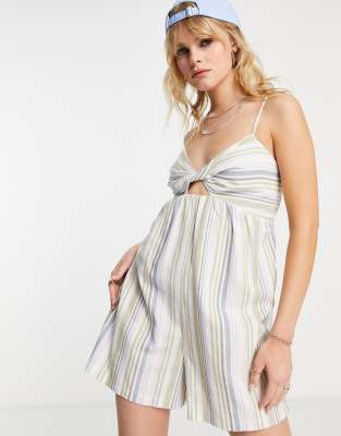 TOPSHOP LINEN PASTEL STRIPE TIE FRONT ROMPER IN MULTI