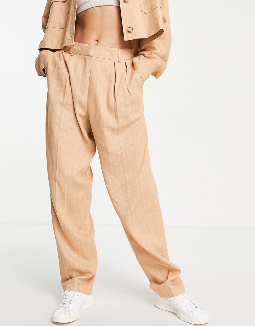 Topshop linen pinstripe peg trouser in tan-Brown
