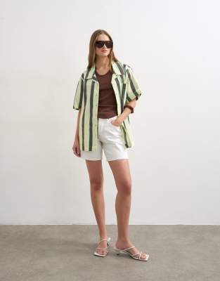 Topshop Women's Multi Linen Resort Shirt In Lime And Chocolate Stripe