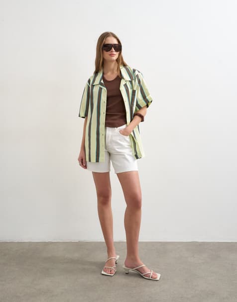 Topshop linen resort shirt in lime and chocolate stripe - view 1