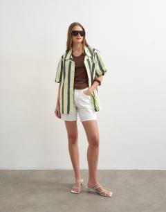 Linen resort shirt in lime and chocolate stripe