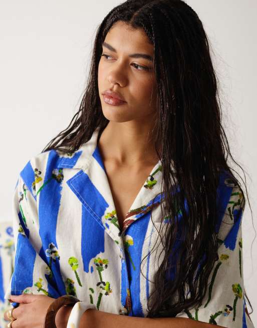 Topshop linen resort shirt in visual blue conversational print - part of a set, 3 of 4