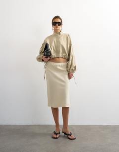 Model wearing Linen rich 90s length skirt in ecru