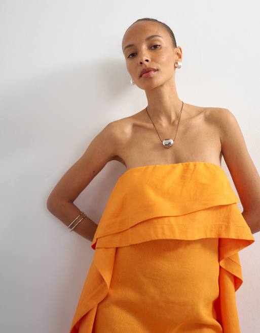 Topshop linen rich bandeau mini dress with drape detail in orange, 4 of 4