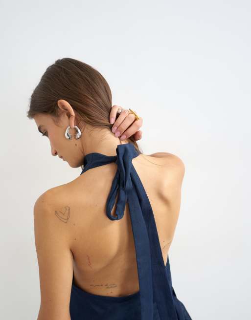 Topshop linen rich cowl tie detail top in navy, 2 of 4