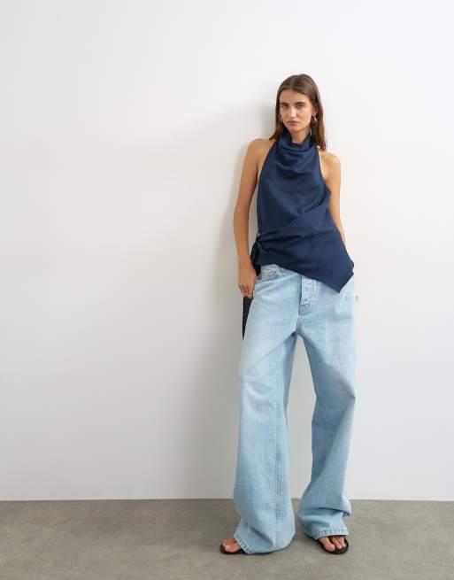 Topshop linen rich cowl tie detail top in navy, 3 of 4