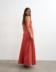 Model wearing Linen rich dropped waist full circle hem midi dress in burgundy