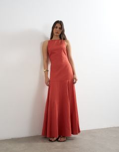 Model wearing Linen rich dropped waist full circle hem midi dress in burgundy