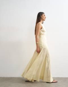 Linen rich dropped waist full circle hem midi dress in buttermilk