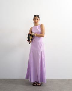 Linen rich dropped waist full circle hem midi dress in lilac