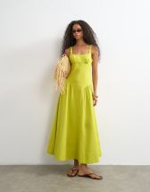 Topshop linen rich dropped waist maxi dress in green