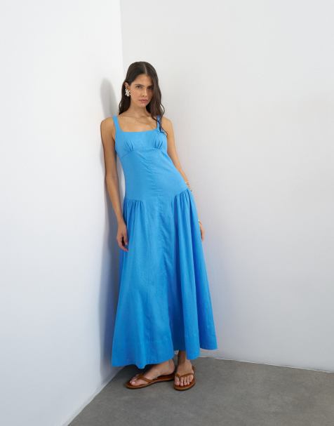 Topshop linen rich dropped waist maxi sundress in cornflower blue - view 1