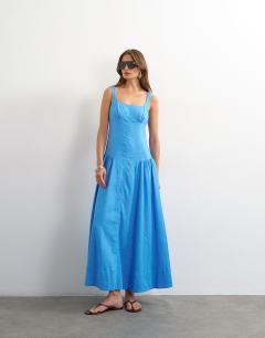 Linen rich dropped waist maxi sundress in cornflower blue