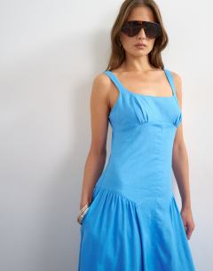 Model wearing Linen rich dropped waist maxi sundress in cornflower blue